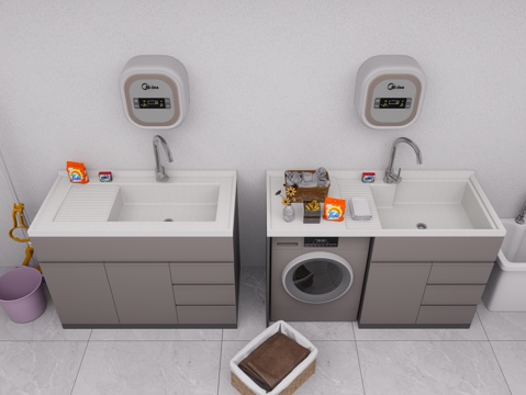现代洗衣机柜 洗手台陶瓷洗衣池 洗衣池 阳台柜 洗衣机su模型