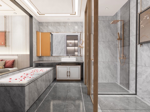 新中式酒店客房卫生间  马桶  洗漱区  淋浴区su模型