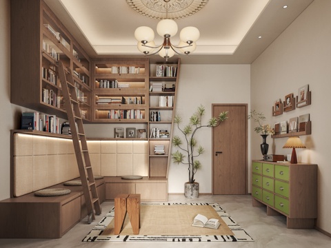 现代中古风书房su模型