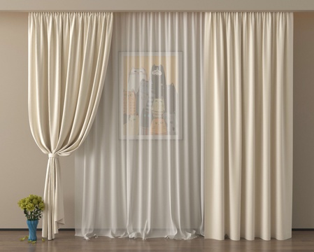 现代窗帘 纱帘 褶帘 布艺窗帘su模型