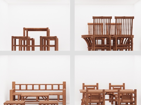现代新中式 户外庭院花园桌椅 餐桌椅 复古老式竹木桌椅su模型