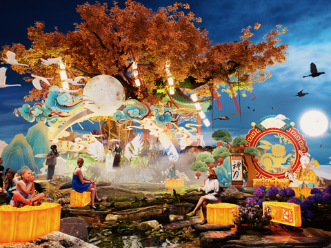 网红打卡国潮古风中秋灯笼集市美陈su模型