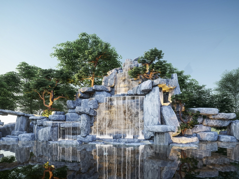 现代假山 流水 假山水景 景石叠水su模型