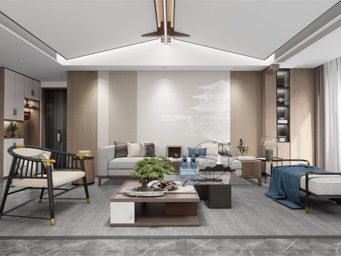 新中式客餐厅_沙发茶几组合su模型