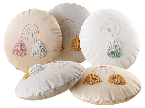  现代奶油风儿童圆形亚麻流苏抱枕3d模型 