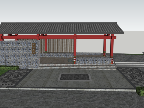 休闲小广场小空间新中式廊架su模型