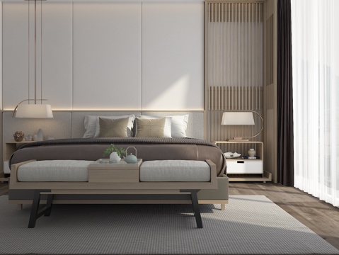  新中式卧室 床品 台灯 床尾凳3d模型 