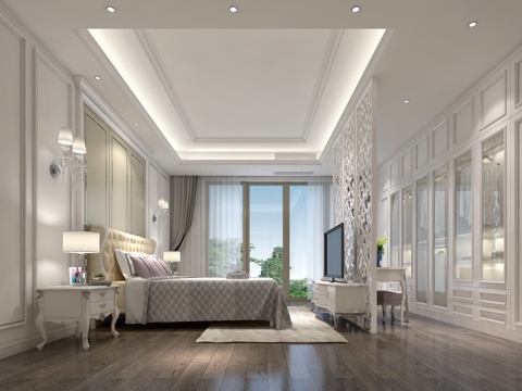  简欧 别墅 主卧室 白调3d模型 
