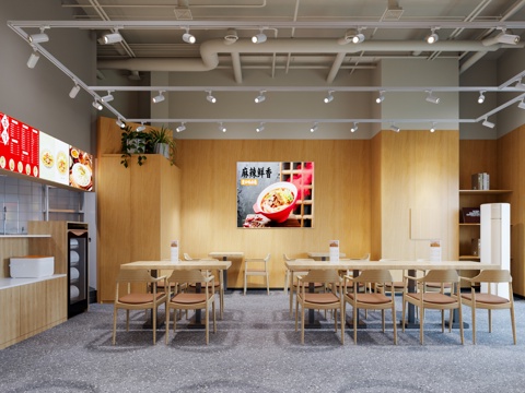  现代快餐店 面馆 快餐餐桌椅 管道顶 砂锅店 中餐店 风幕机3d模型 