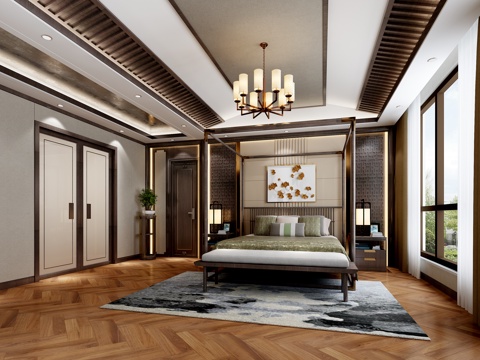  新中式主卧室 新中式架子床 金属挂件 墙饰床榻 床尾凳3d模型 