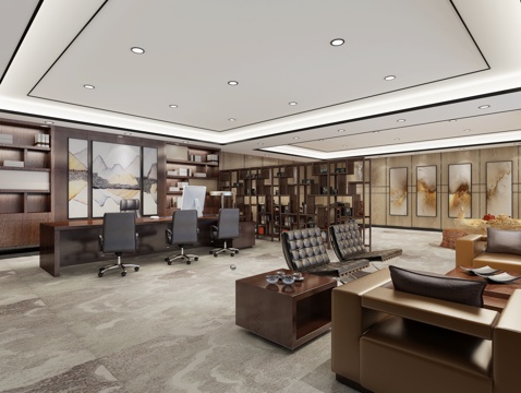  新中式董事长办公室3d模型 