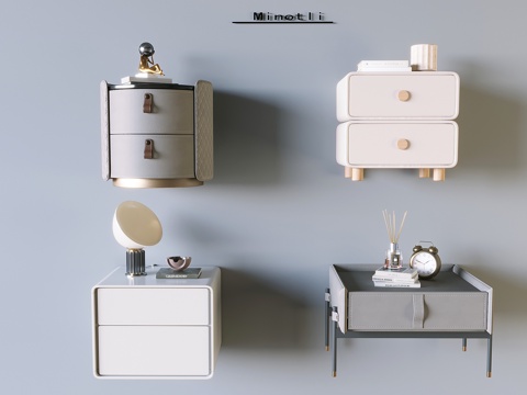 意式奶油床头柜 实木抽屉床头柜 闹钟香薰书籍摆件su模型