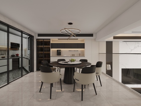  现代别墅客餐厅 黑白灰客餐厅3d模型 