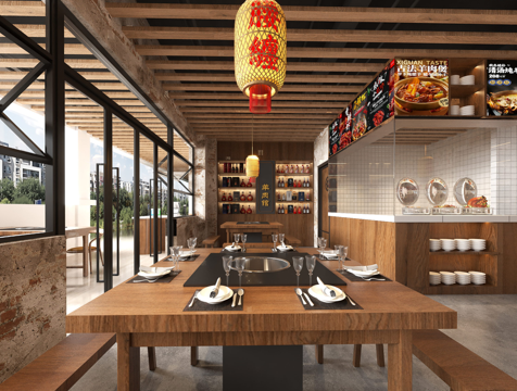 餐厅明厨羊肉馆 工业风火锅店桌椅 餐饮灯笼羊肉灯箱 餐馆酒柜su模型