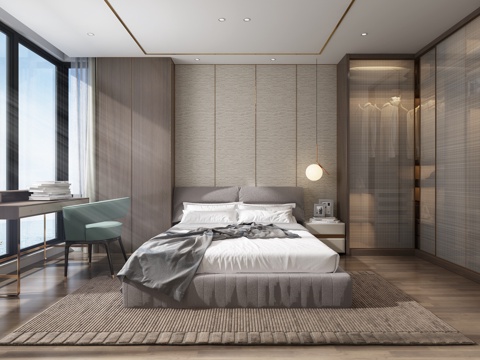  现代轻奢卧室 现代床 现代吊灯 现代衣柜 现代书桌3d模型 