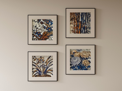 新中式植物挂画su模型