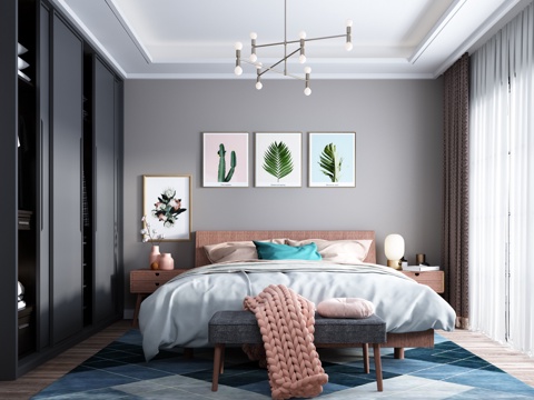  北欧卧室 双人床 床具 床尾凳 床头柜 台灯 挂画 透明3d模型 