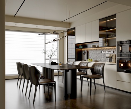  现代简约餐厅 餐桌椅组合 餐边柜酒柜 吊灯 餐桌摆件3d模型 