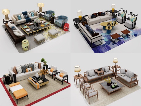  新中式沙发茶几组合 中式沙发茶几组合 组合沙发 布艺沙发3d模型 
