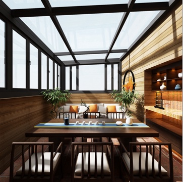  新中式茶室 阳光房茶室 阳台茶室 中式家具 极简家具 茶具3d模型 