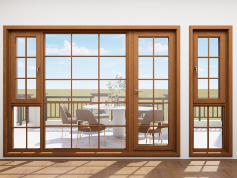 现代门联窗组合 实木格条窗户 铝木平开窗 内开内倒窗 断桥铝su模型