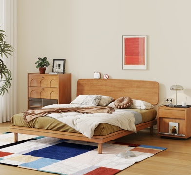  原木风双人床 实木双人床 中古风双人床 床头柜3d模型 