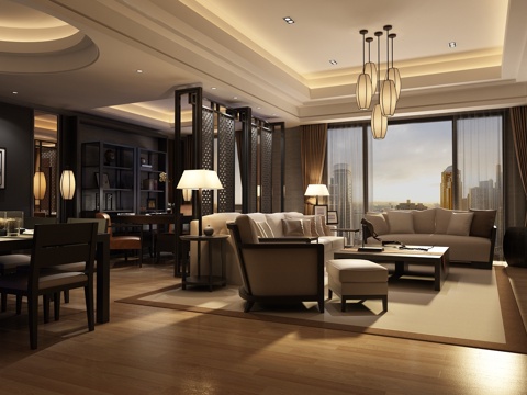  新中式客餐厅 家具 灯光 沙发 餐桌3d模型 