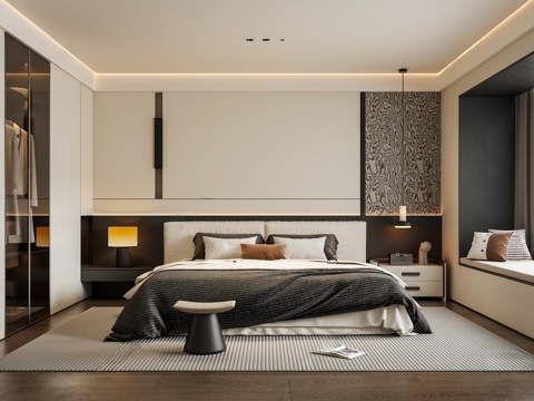  意式轻奢家居卧室 卧室床头背景墙 黑白灰卧室 无主灯飘窗卧室3d模型 