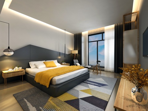  北欧酒店客房背景墙床头柜吊灯电视柜3d模型 