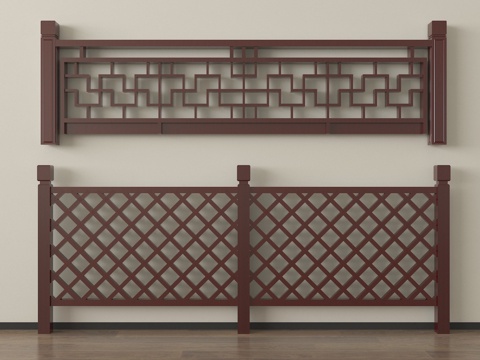 新中式实木栏杆 花格雕花护栏围栏su模型