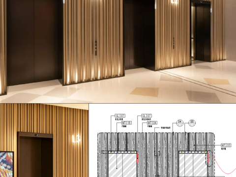 电梯厅铝格栅方通、电梯厅到站灯详图、电梯厅到站按钮、商场电梯cad施工图