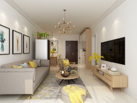  现代北欧客餐厅酒柜暖色调3d模型 