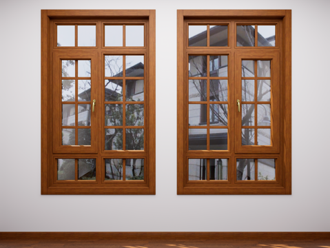 现代平开窗组合 实木格条窗户 铝木平开窗 内开内倒窗 断桥铝su模型