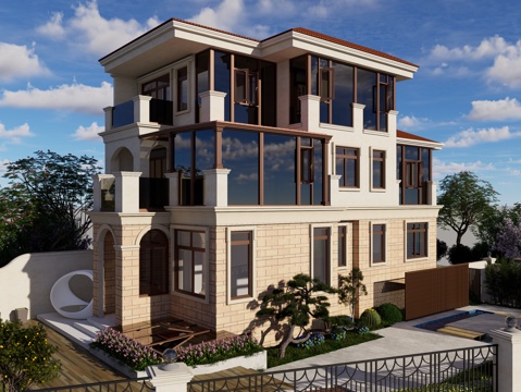  现代独栋别墅外观 三层独栋别墅 现代自建别墅 庭院景观别墅3d模型 