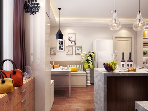  北欧现代客餐厅 厨房吧台3d模型 