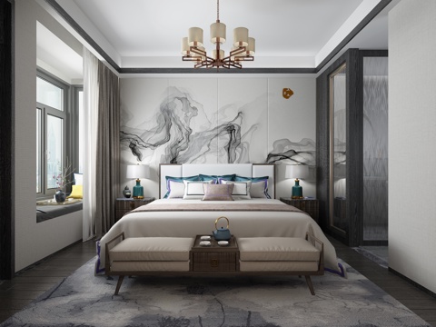  新中式主卧室3d模型 