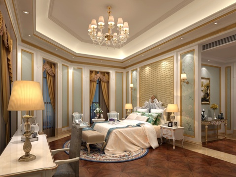  欧式古典欧式卧室 吊灯 壁灯 床 抱枕 装饰画 端景台3d模型 