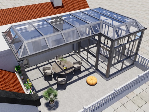 现代玻璃阳光房 玻璃房 庭院阳光房 庭院景观会客厅su模型
