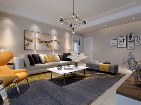  现代客餐厅沙发茶几 餐桌椅 吊灯挂画 鞋柜电视柜3d模型 