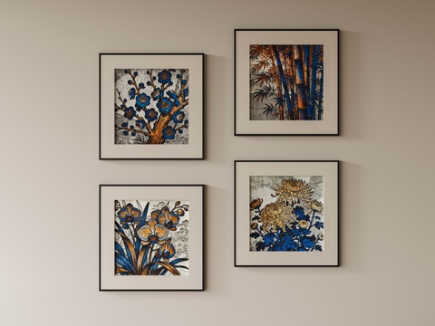 新中式植物挂画组合画su模型