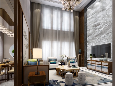  新中式现代客厅 别墅复式 新中式3d模型 