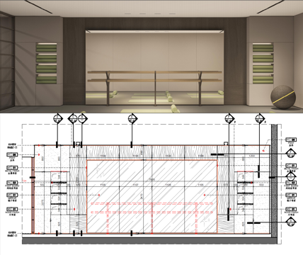 瑜珈房墙面镜子、瑜珈室背景墙节点、健身会所墙面造型、瑜伽教室cad施工图