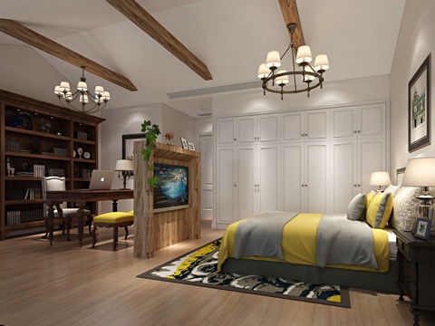  美式卧室书房 书柜 床 书桌3d模型 