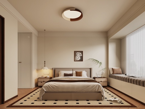  中古风卧室 中古风主卧 中古风衣柜衣帽间 奶油风卧室3d模型 