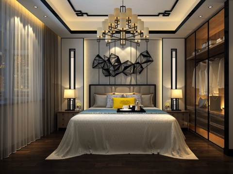  新中式主卧室3d模型 