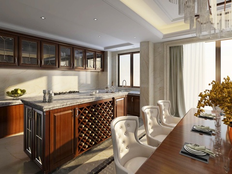  简欧现代简约欧式厨房 简欧餐桌椅组合 水晶吊灯 酒柜 厨柜3d模型 