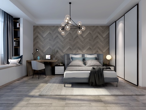  北欧卧室 吊灯挂画3d模型 