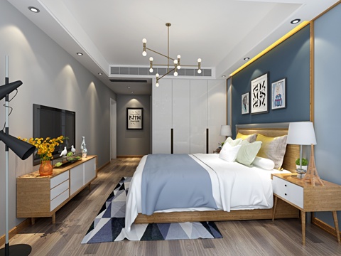  北欧卧室床吊灯衣柜电视柜3d模型 