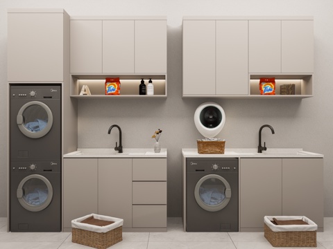 现代洗衣机柜 洗手台陶瓷洗衣池 洗衣池 阳台柜 洗衣机su模型