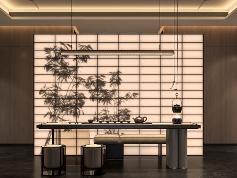 新中式茶室 茶馆 组合桌椅 茶桌 室内景观 宋式美学su模型